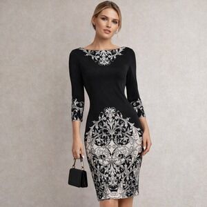 Cache Sheath Dress Womens Medium Black Baroque Scroll Print 3/4 Sleeve Boat Neck